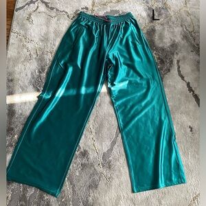 Green Satin Wide Leg Drawstring Pants